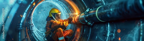 Astronaut working inside a spaceship Industrial 4.0 Digital Visualization: Heavy Industry Welder Working, Welding Inside Pipe. Construction of NLG Natural Gas and Fuels Transport Pipeline. Clean Green photo