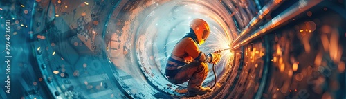 A welder working in a pipe photo