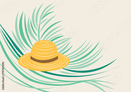 Summer background with straw hat with cope space