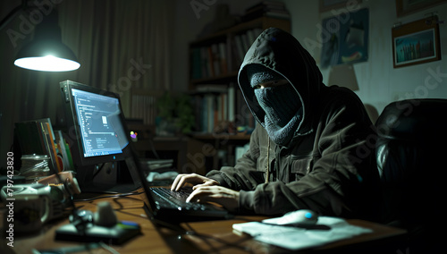 A man in a hoodie sitting in front of a laptop computer, focused on his screen. Hacker in online digital world trying to steal data. photo