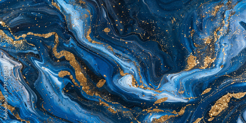 Dynamic cobalt marble ink meandering gracefully in an abstract realm, adorned with shimmering glitters.