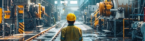 A worker in a hard hat stands in a factory, looking at the machinery.