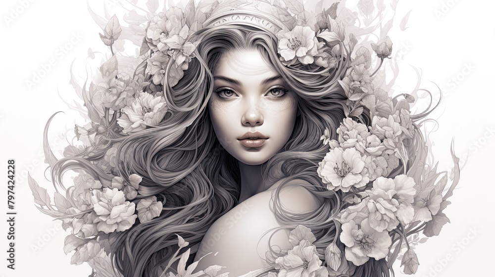 A beautiful woman model with floral elements in his hair A beautiful woman model with floral elements in his hair