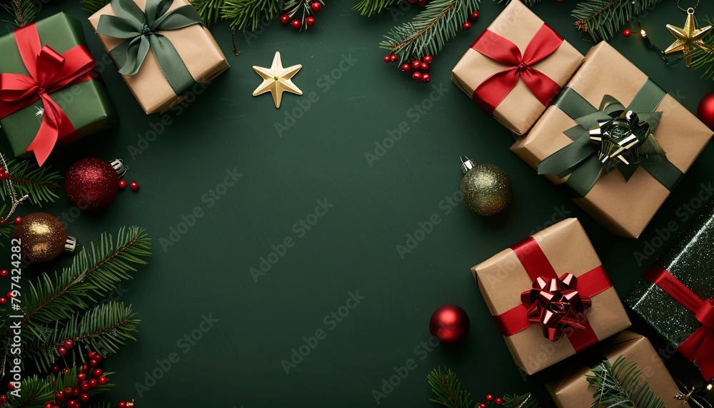 Christmas frame with gift boxes, paper decorations, jingle bells and spruce branches on green background. Holiday background 3d rendering. ai generative Christmas frame with gift boxes, paper decorations, jingle bells and spruce branches on green background. Holiday background 3d rendering. ai generative