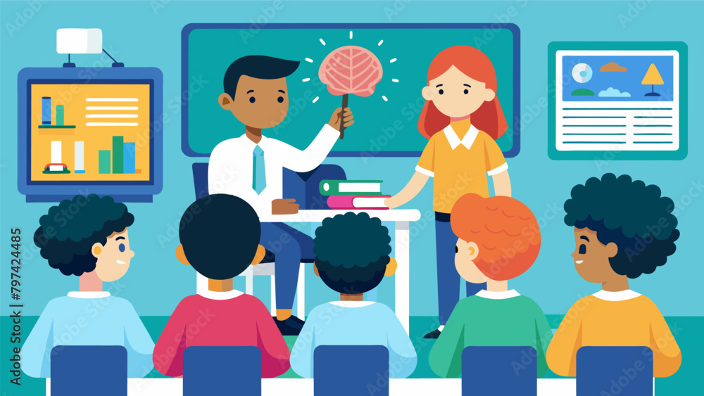 A middle school classroom where students are learning about the ethical considerations of using neuroimaging techniques in diagnosing learning. A middle school classroom where students are learning about the ethical considerations of using neuroimaging techniques in diagnosing learning.