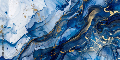 Dynamic cobalt marble ink meandering gracefully in an abstract realm, adorned with shimmering glitters.