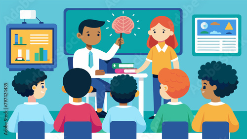 A middle school classroom where students are learning about the ethical considerations of using neuroimaging techniques in diagnosing learning.