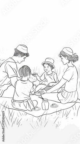 Colorful Sketch Illustration of Happy and Fun Family Picnic in Outdoor