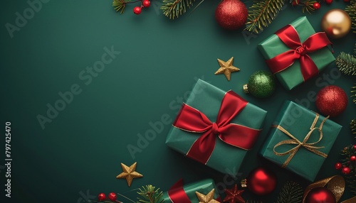 Christmas frame with gift boxes  paper decorations  jingle bells and spruce branches on green background. Holiday background 3d rendering. ai generative