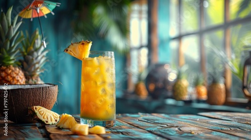 Tropical Pineapple Drink in a Tiki Bar Setting