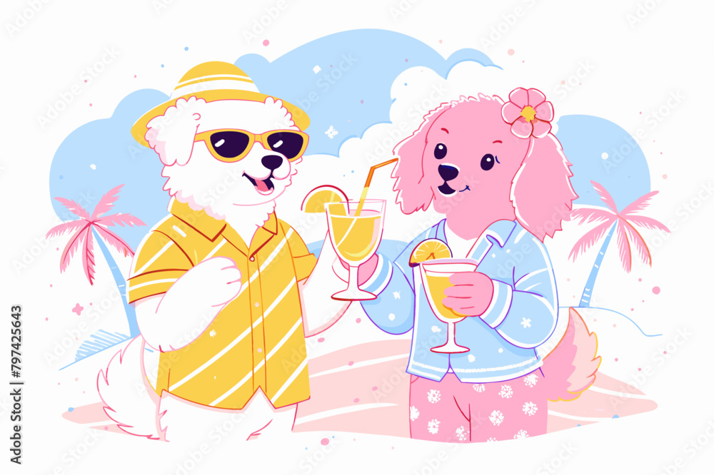 Cartoon Poodles Enjoying Tropical Drinks on Vacation Cartoon Poodles Enjoying Tropical Drinks on Vacation