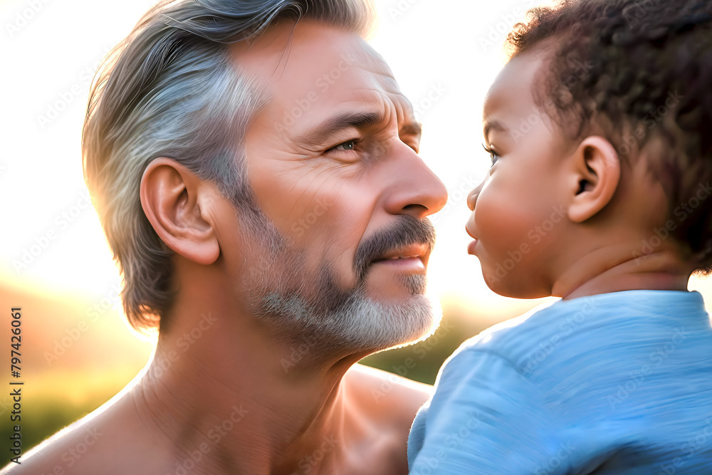 A happy father smiles as he looks at his adopted child on Father's Day. A happy father smiles as he looks at his adopted child on Father's Day.