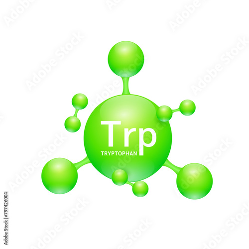 Tryptophan amino acid. Molecules that combine to form proteins nutrients necessary for health muscle. Biomolecules model 3D green for ads dietary supplements. Medical scientific concepts. Vector.