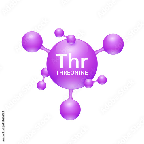 Threonine amino acid. Molecules that combine to form proteins nutrients necessary for health muscle. Biomolecules model 3D purple for ads dietary supplements. Medical scientific concepts. Vector.