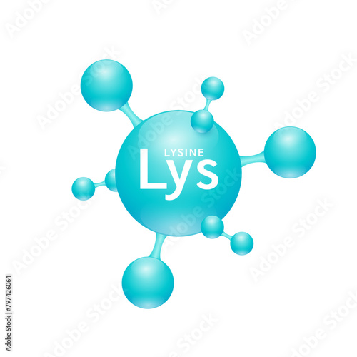 Lysine amino acid. Molecules that combine to form proteins nutrients necessary for health muscle. Biomolecules model 3D blue for ads dietary supplements. Medical scientific concepts. Vector.
