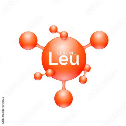 Leucine amino acid. Molecules that combine to form proteins nutrients necessary for health muscle. Biomolecules model 3D red for ads dietary supplements. Medical scientific concepts. Vector.
