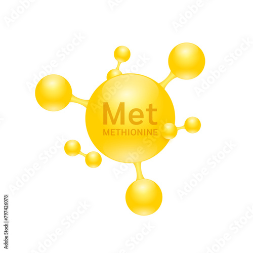 Methionine amino acid. Molecules that combine to form proteins nutrients necessary for health muscle. Biomolecules model 3D yellow for ads dietary supplements. Medical scientific concepts. Vector.