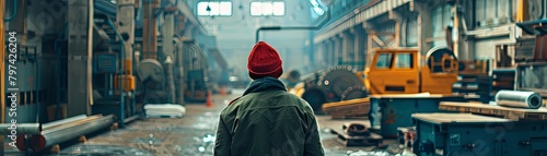 A lone man in a red beanie stands in an abandoned factory photo