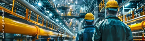 Two engineers in hard hats inspect an industrial facility