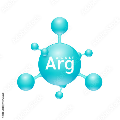 Arginine amino acid. Molecules that combine to form proteins nutrients necessary for health muscle. Biomolecules model 3D blue for ads dietary supplements. Medical scientific concepts. Vector.