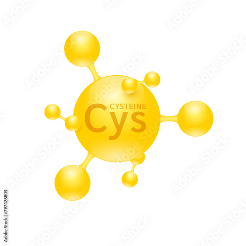 Cysteine amino acid. Molecules that combine to form proteins nutrients necessary for health muscle. Biomolecules model 3D yellow for ads dietary supplements. Medical scientific concepts. Vector.