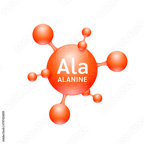 Alanine amino acid. Molecules that combine to form proteins nutrients necessary for health muscle. Biomolecules model 3D red for ads dietary supplements. Medical scientific concepts. Vector.