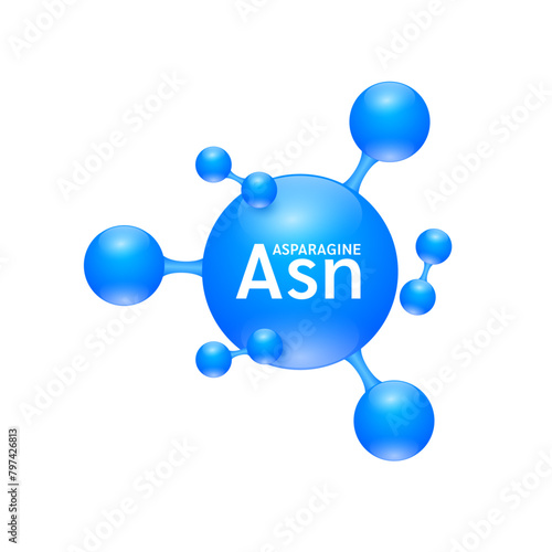 Asparagine amino acid. Molecules that combine to form proteins nutrients necessary for health muscle. Biomolecules model 3D blue for ads dietary supplements. Medical scientific concepts. Vector.