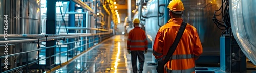 Two workers in hard hats and coveralls walk through a brightly lit industrial facility.