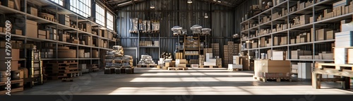 A large warehouse with shelves full of boxes and a few drones flying around