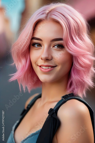 Portrait of a young beautiful, stylish model with pink hair and charming eyes on blurry city street in the background.