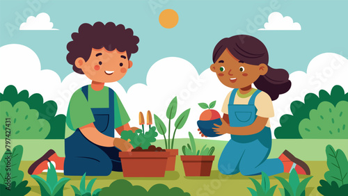 As they tend to their vegetable garden a pair of siblings talk about their childhood memories of gardening with their parents.. Vector illustration