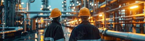 Two engineers in hard hats at an oil refinery
