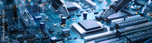 A close up circuit board with a robotic arm installing a CPU chip. photo