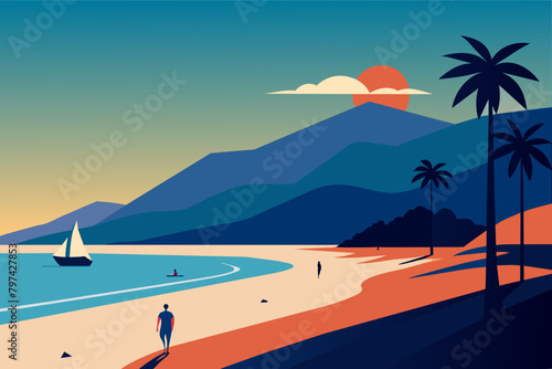 Ilustración vectorial de un hombre que camina por una playa con montañas al fondo