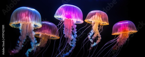 Beautiful glowing jellyfish on dark background sea