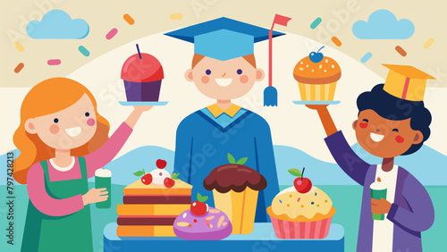 A graduation party complete with colorful cupcakes finger sandwiches and juice boxes as the children eagerly played with their new classmates