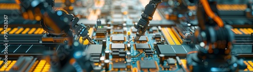 The image shows a close-up of a circuit board being assembled by a robotic arm.