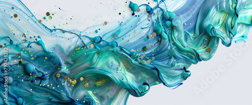 Dynamic aquamarine marble ink flows gracefully across a whimsical abstract backdrop, adorned with radiant glitters in shades of blue and green.
