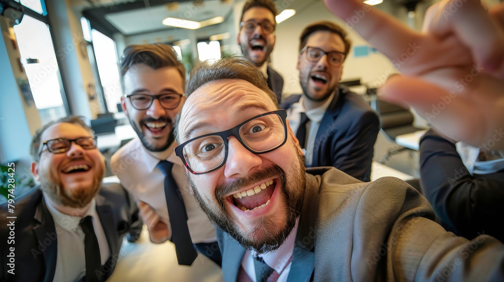 A group of funny, friendly, and happy managers in suits and ties taking a selfie together A group of funny, friendly, and happy managers in suits and ties taking a selfie together