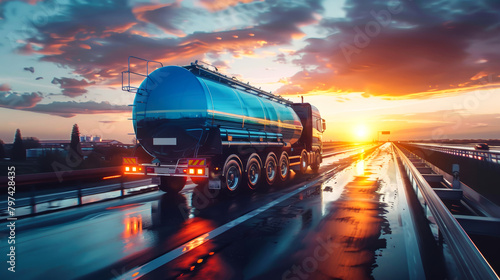 A tanker truck laden with fuel barrels cruises down the freeway during a picturesque sunset, casting a long shadow on the road