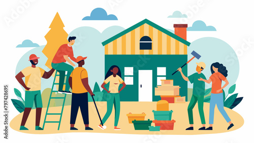 A team of volunteers working to renovate a local community center preserving the history and importance of community spaces in the Juneteenth. Vector illustration