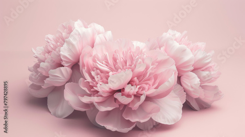A full bouquet of delicate pink peony flowers resting on a matching pink hue surface, symbolizing softness and purity.
