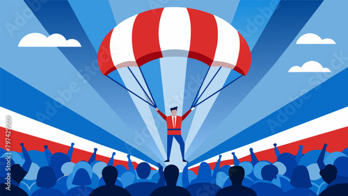 Ast a sea of red white and blue parachutes a solo parachutist gracefully lands in front of a large screen displaying the nations flag. The crowd roars. Vector illustration