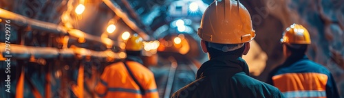 A group of construction workers in hard hats inspecting a tunnel