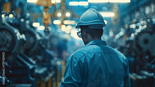 A man in a hard hat and safety glasses looks over a factory floor.