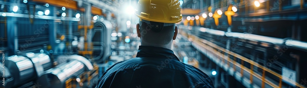 A man in a hard hat looking at an industrial plant