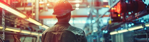 A man in a hard hat looking out over a factory floor.