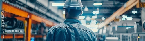 A man wearing a hard hat is walking through a factory.