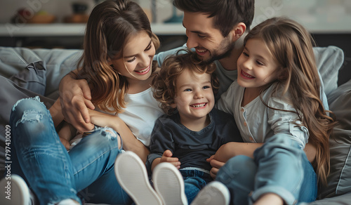 Happy family with child sitting on sofa