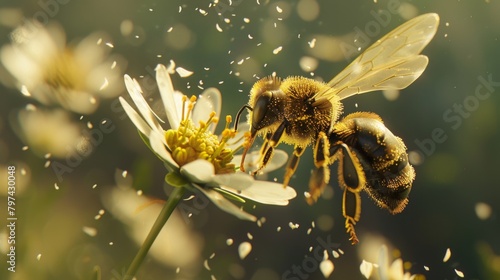 A bee landing on a wildflower, its fuzzy body coated in golden pollen, illustrating nature's intricate interconnections. © Plaifah